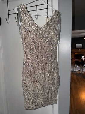 Sequined Ivory Cocktail Dress with Fringe Shoulders